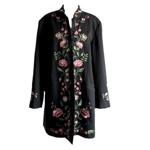Victor Costa Occasion Floral Embroidered Duster Coat Jacket Black Large Bohemian